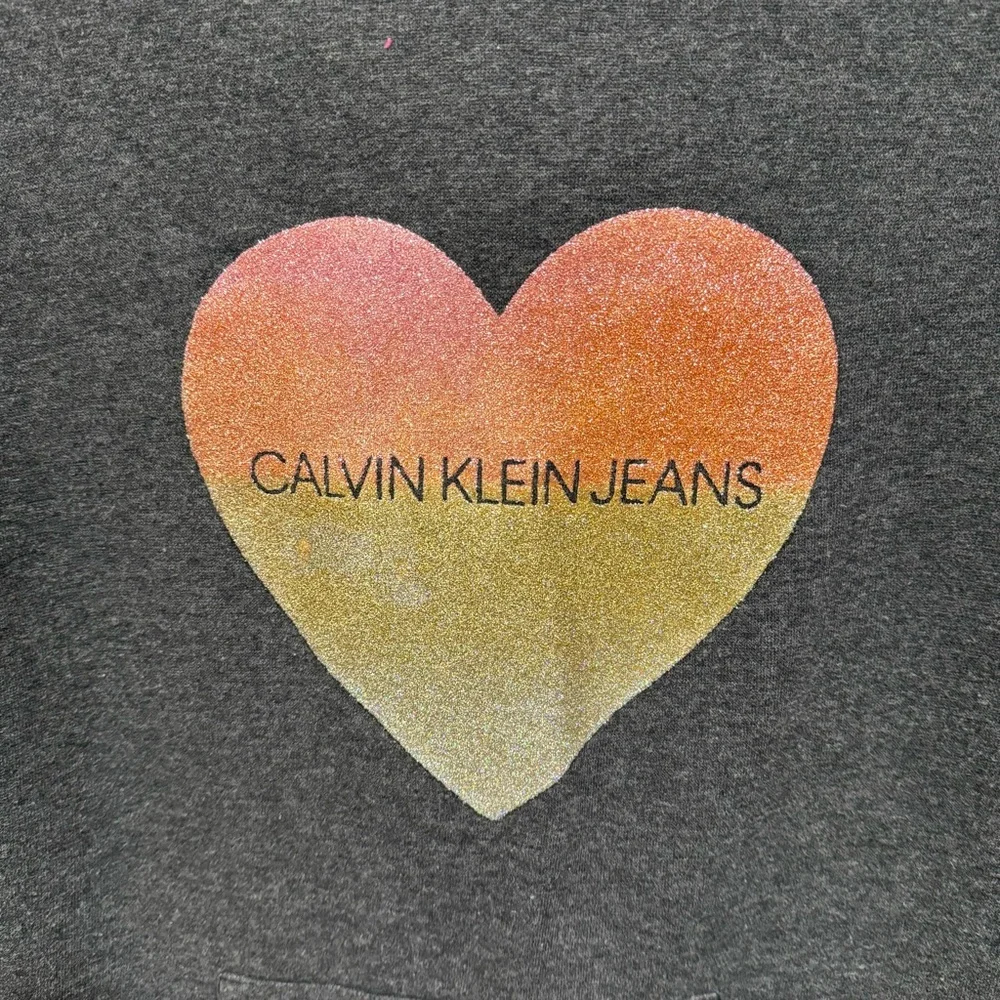 Kids Calvin Klein Jeans Girls Gray Rainbow Heart Glitter Hoodie Sweatshirt L 12
